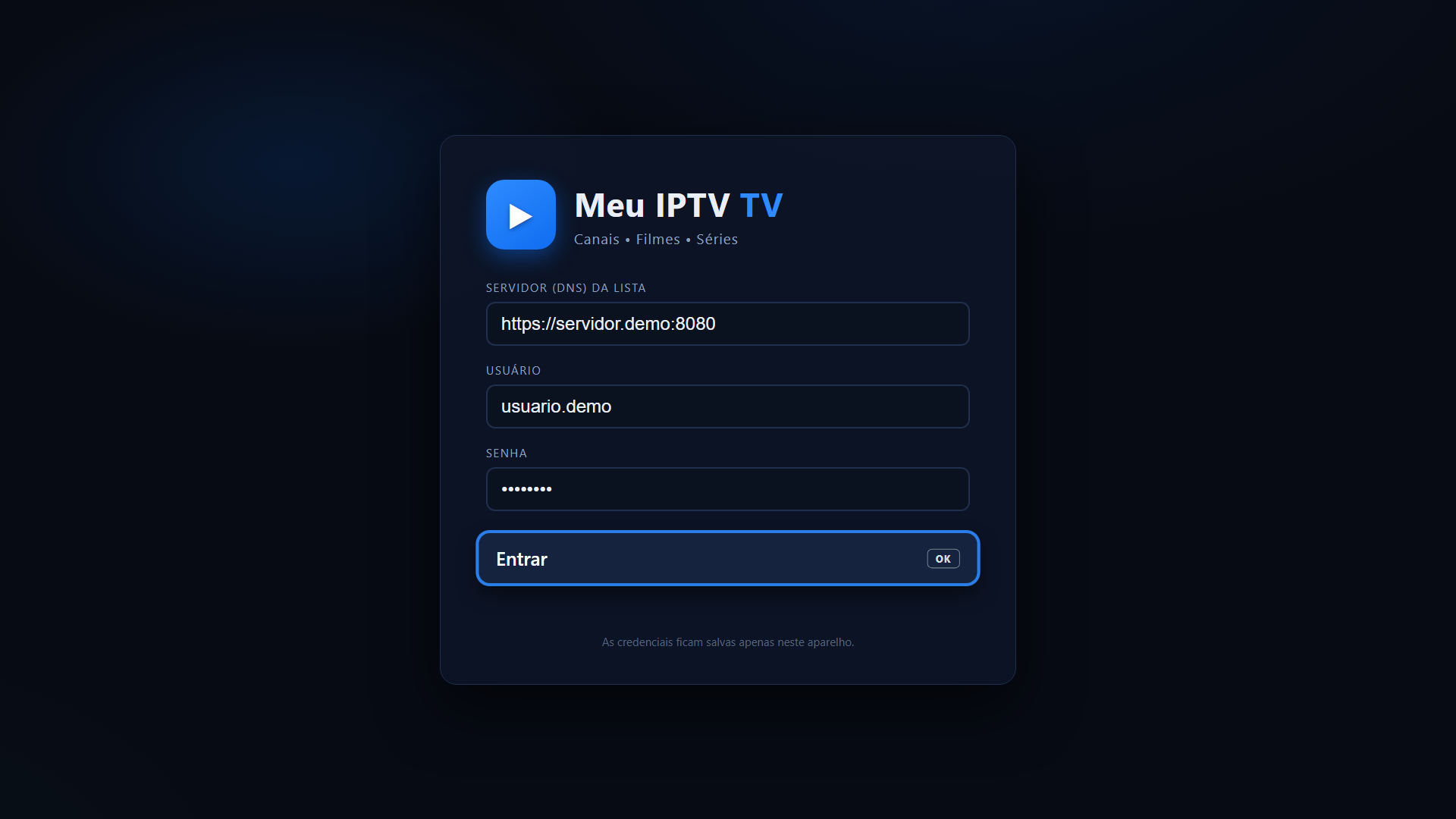 Tela de login — servidor, usuário e senha